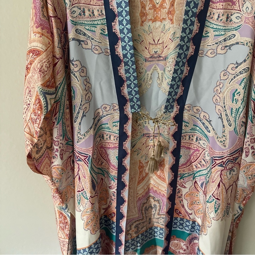 Chico's Medallion-Print Boho 100% Silk Ruana Wrap Beach Cover Up Tassel Tie S/M - Picture 11 of 14